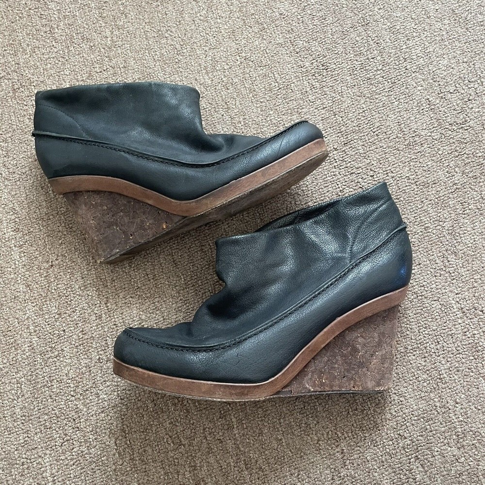 Coclio Black Leather Cork Wedge Boots Booties Size 40 Size 9